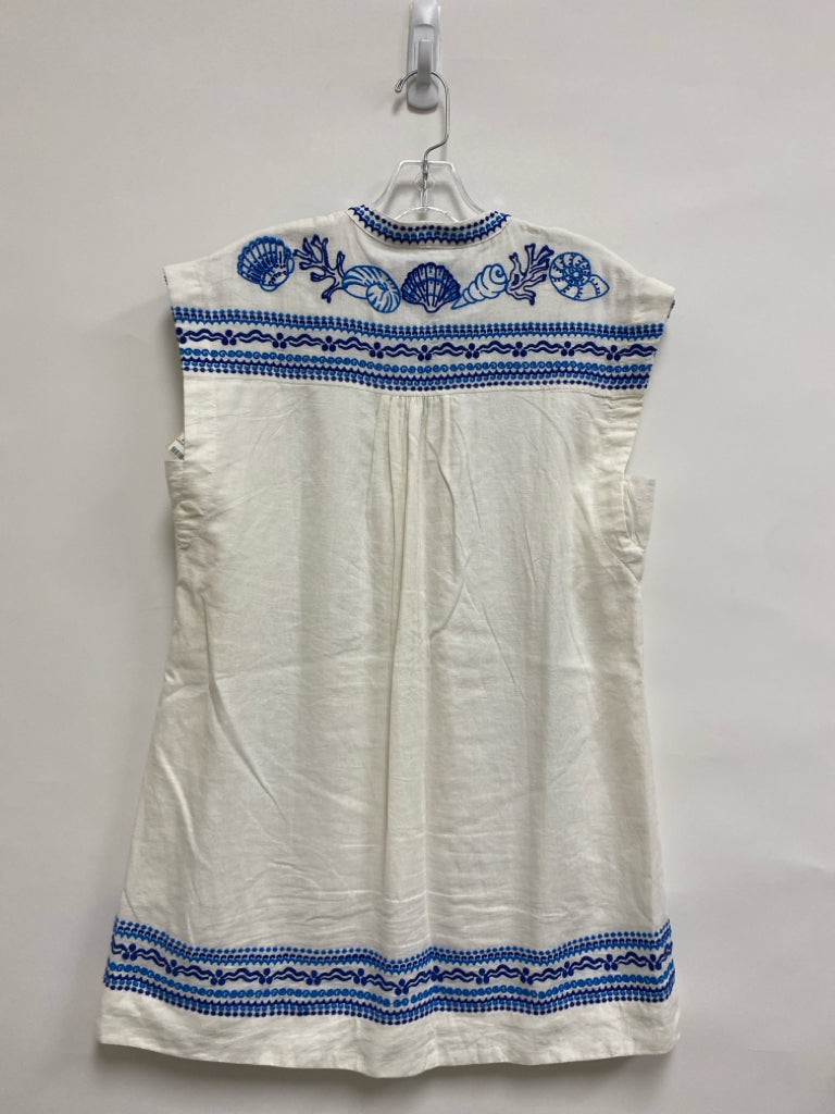 Maeve Size XXS White Navy/Blue Embroidered Linen Ladies Dress