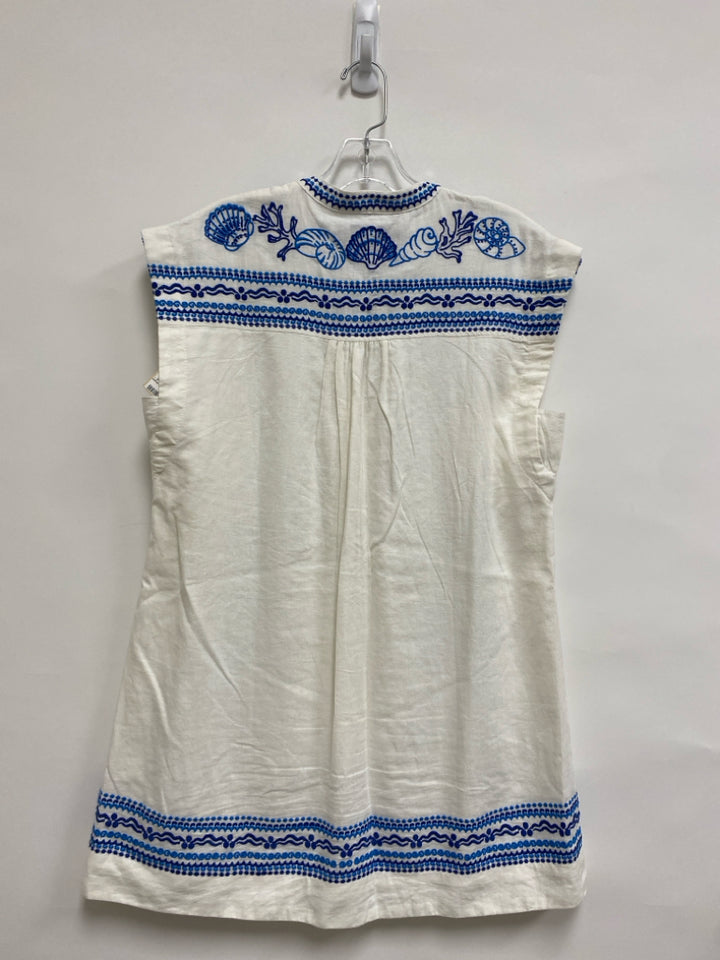 Maeve Size XXS White Navy/Blue Embroidered Linen Ladies Dress