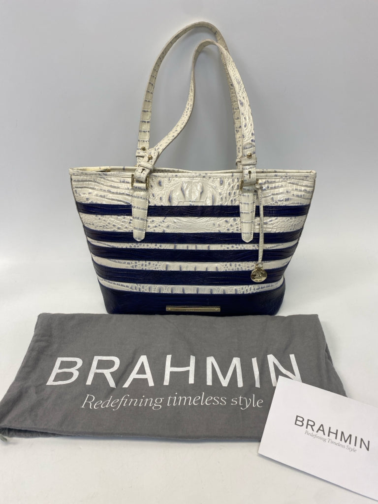 Brahmin White Dark Blue Stripe(s) Leather Handbag