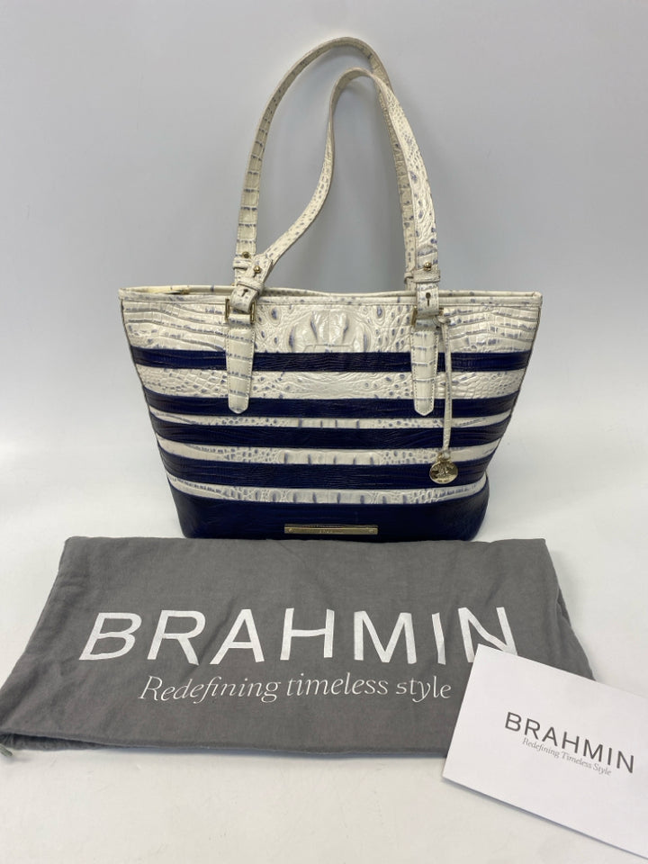 Brahmin White Dark Blue Stripe(s) Leather Handbag