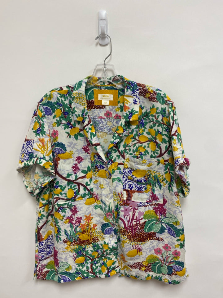 Maeve Size L White Green/Multi Fruit Linen Blend Ladies Top