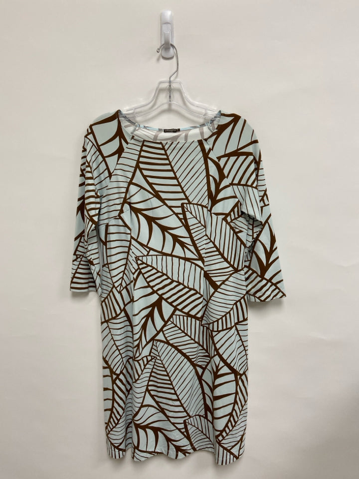 J McLaughlin Size M Pale Blue Brown Leaves 3/4 Sleeve Ladies Dress