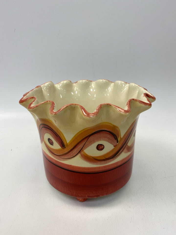 Gail Pittman Cream Red/Gold Swirl Ceramic Planter