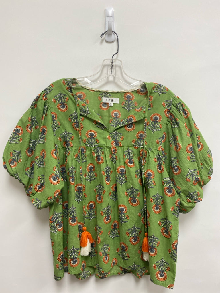 THML Size S Green Gray/Orange Floral Puff Sleeve Ladies Top