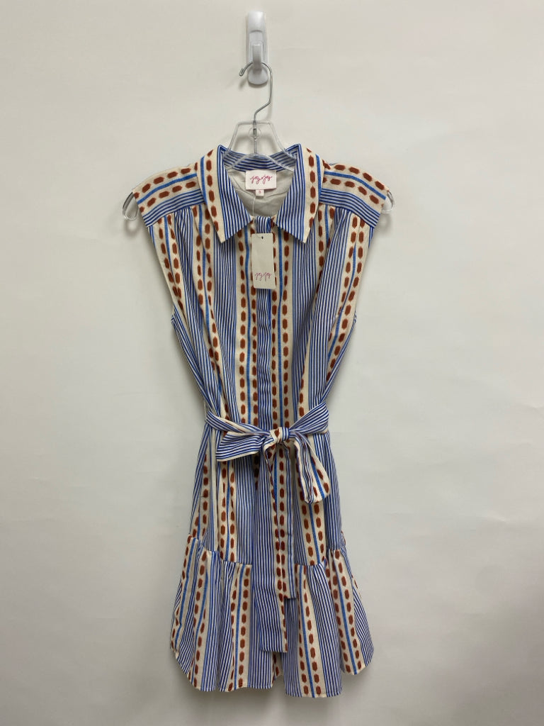 NWT Joy Joy Size S Cream/Brown Blue Dots/Stripes Sleeveless Ladies Dress