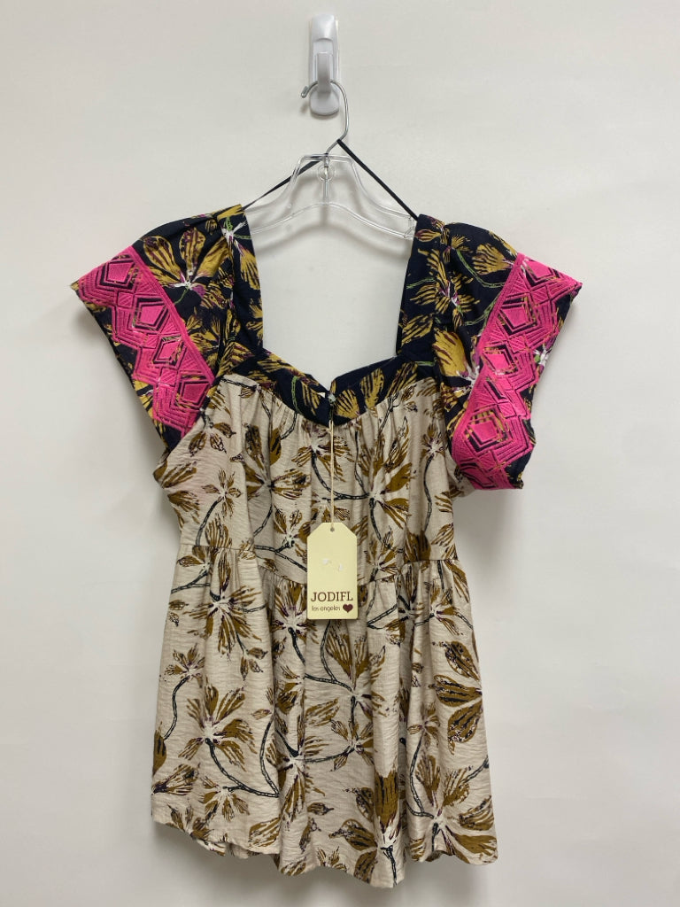 NWT Jodifl Size S Black/Gold Cream/Pink Assorted Print Bell Sleeves Ladies Top