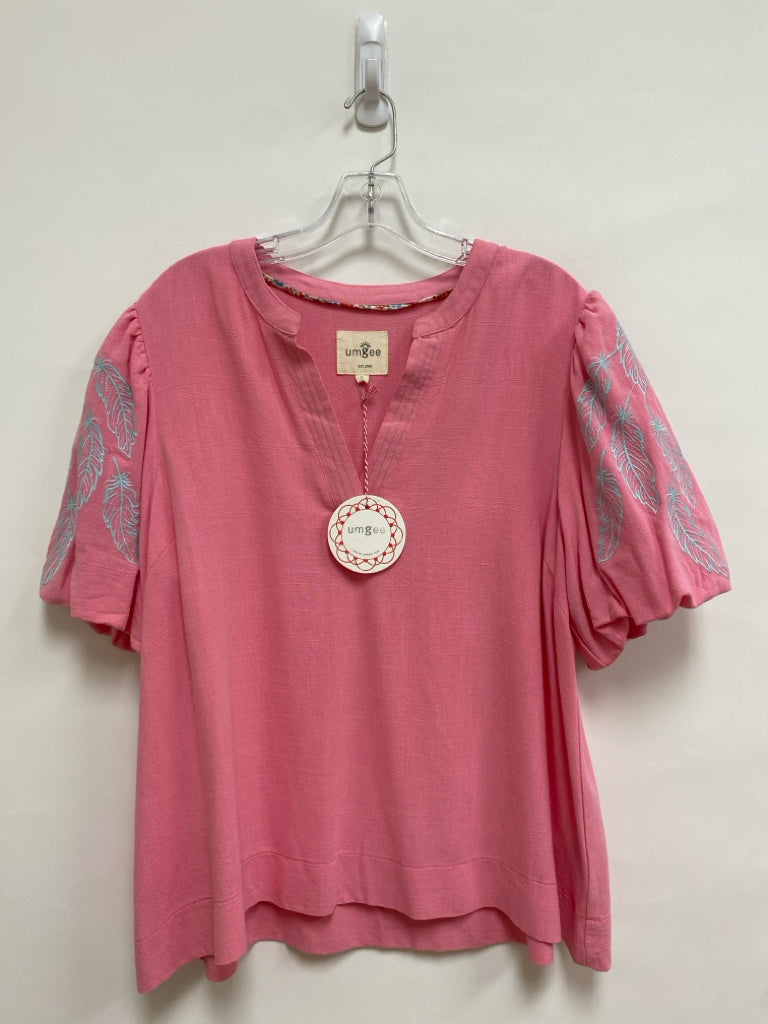 NWT Umgee Size L Pink Powder Blue Embroidered Puff Sleeve Ladies Top