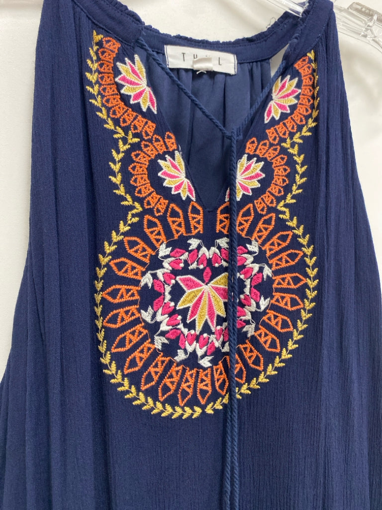 THML Size XL Navy Orange/Pink Sleeveless Embroidered Ladies Dress