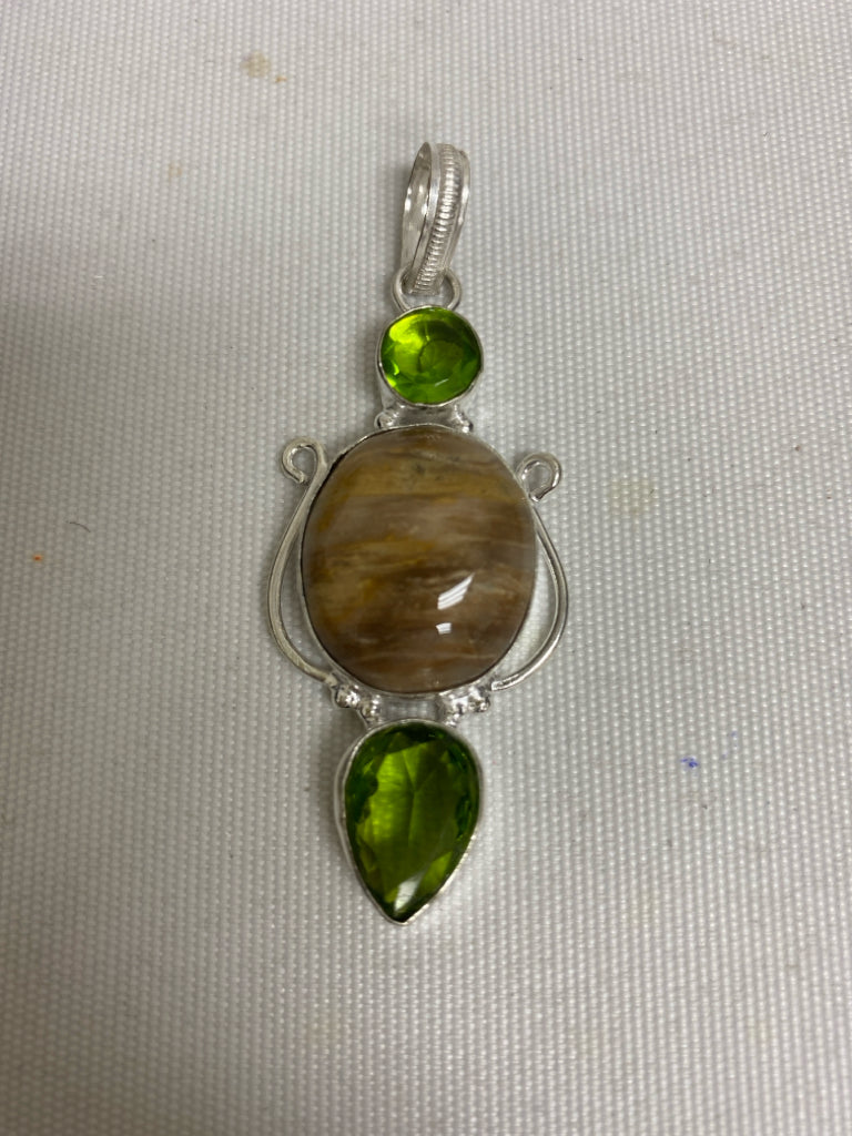 Silver Green/Brown Jeweled Pendant