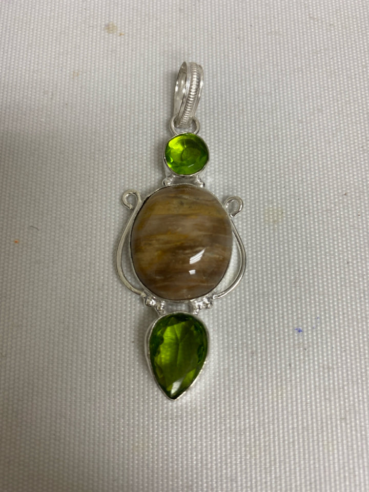 Silver Green/Brown Jeweled Pendant