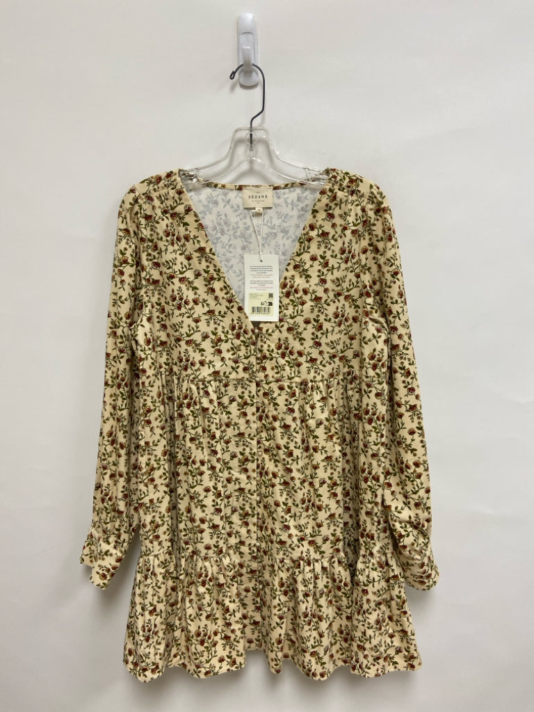 NWT SEZANE Size 10 Beige Burgundy/Green Floral Long Sleeve Corduroy Ladies Dress