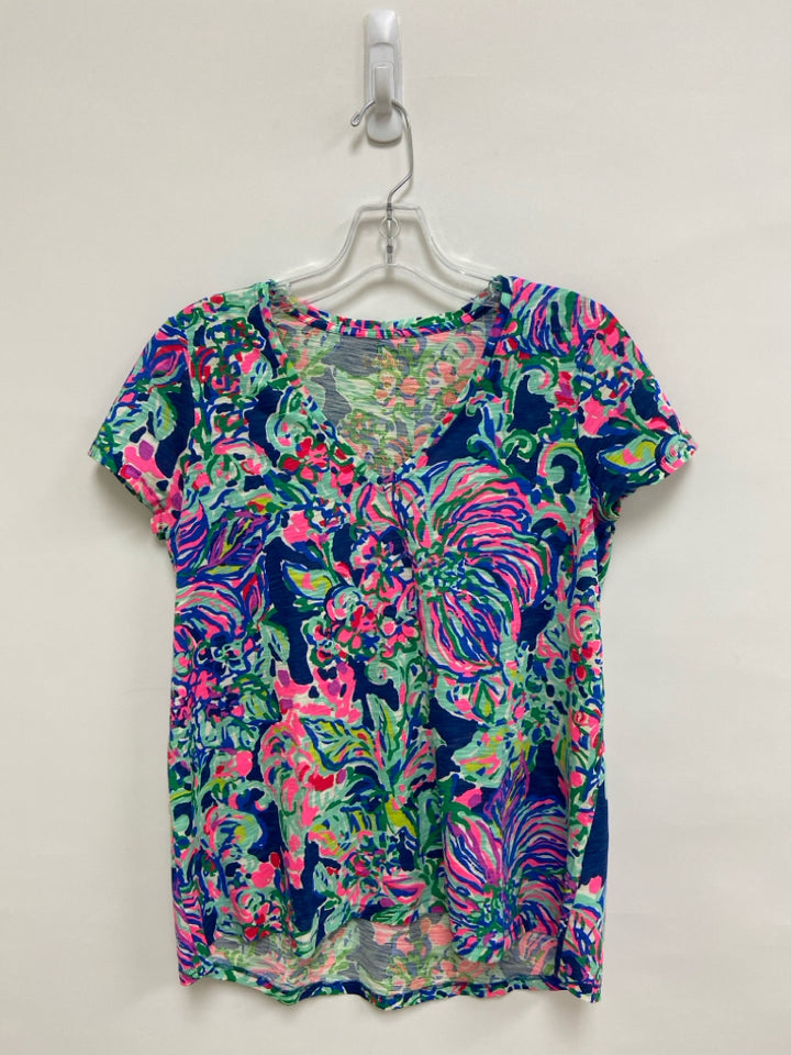 LILLY PULITZER Size S Pink/Blue Aqua/Multi Abstract V Neck Ladies Top