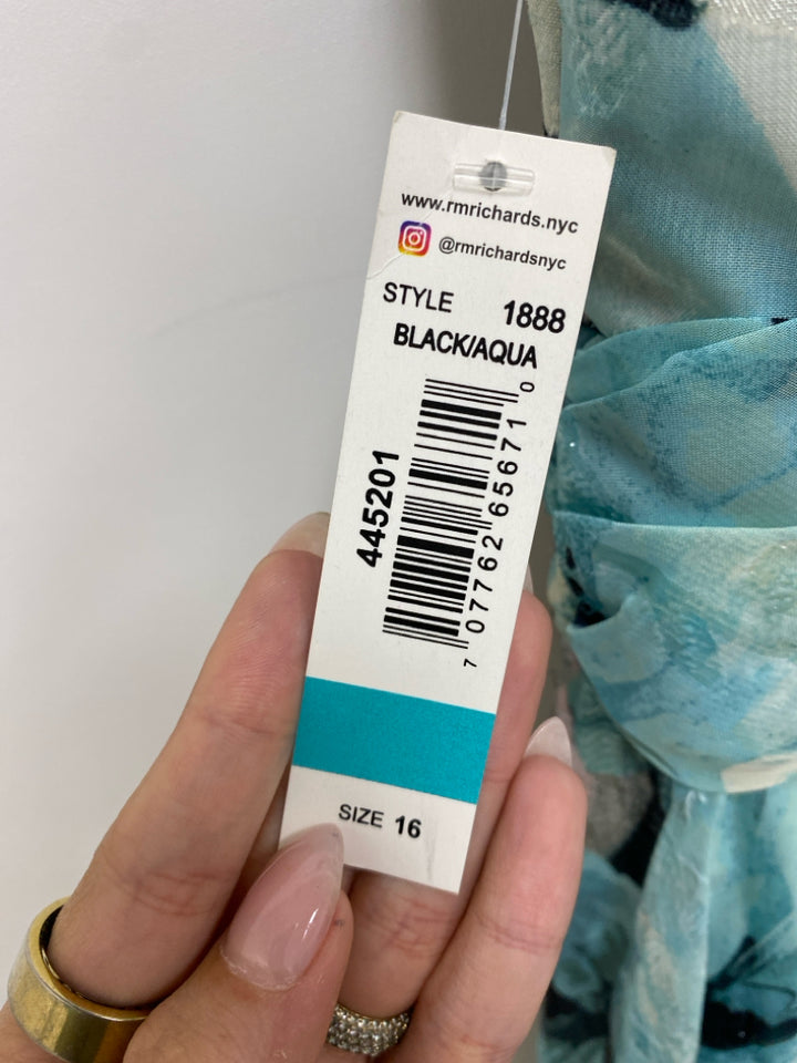NWT R&amp;M Richards  SIZE  16 Aqua/Black Cream/Gray Abstract Maxi Plus Size Dress