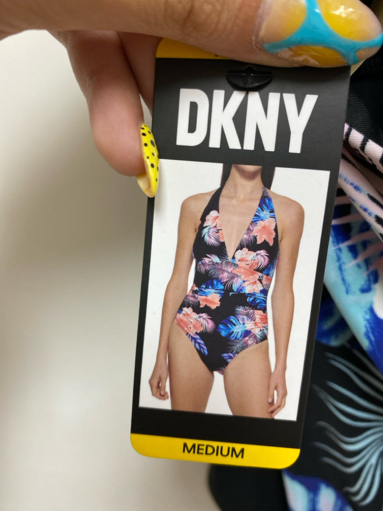 NWT DKNY Size M Navy/Blue Coral Tropical Halter Ladies Swimwear