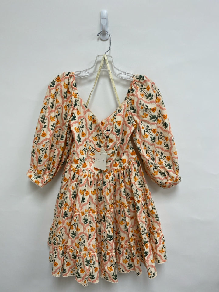 NWT Size S Peach Orange/Green Flowers Tiered Ladies Dress