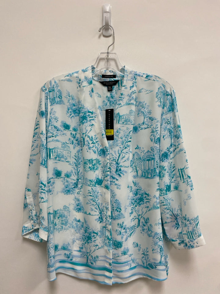 NWT investments Size XLP White Turquoise Toile 3/4 Sleeve Petite Top