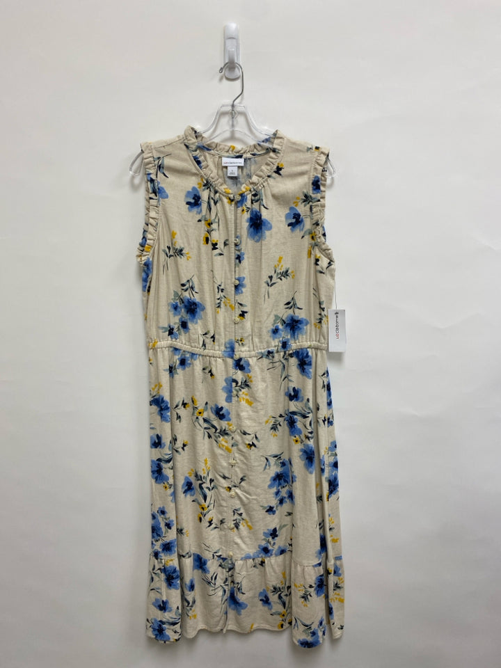 Liz Claiborne Size L Beige Yellow/Blue Flowers Sleeveless Ladies Dress