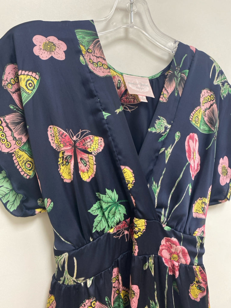 Romeo/Juliet Size S Navy/Pink Green/Yellow Butterflies/Flowers Maxi Ladies Dress
