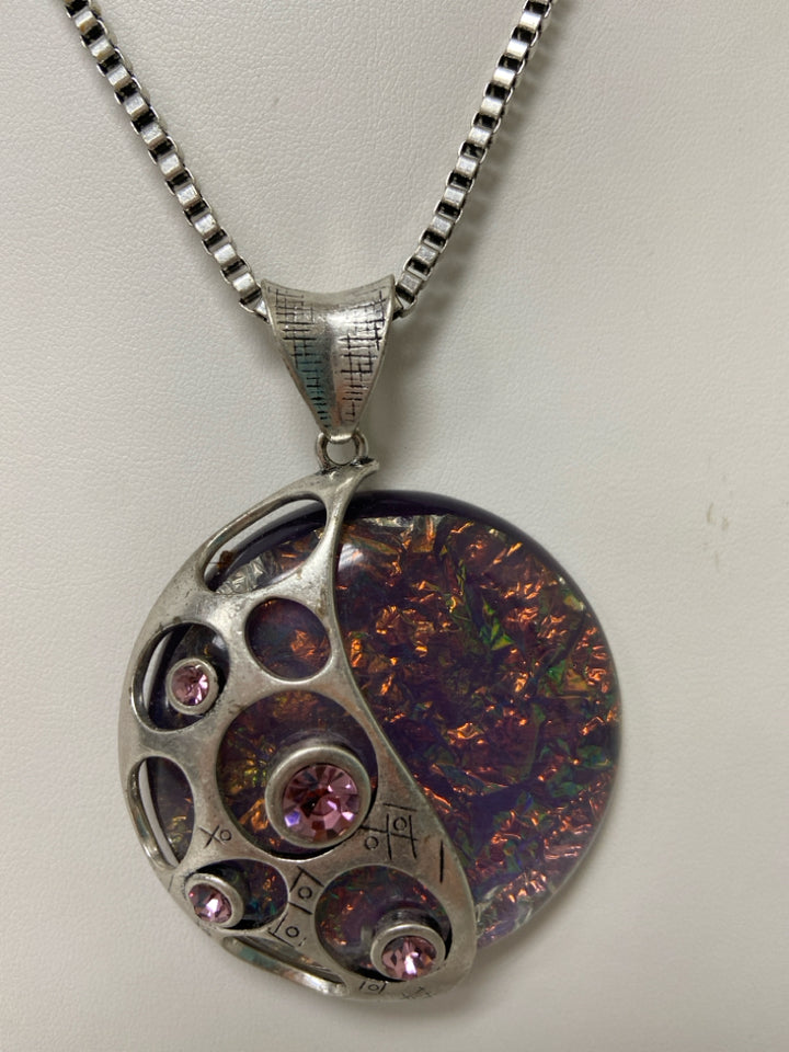 Silver Color Purple Disc Necklace