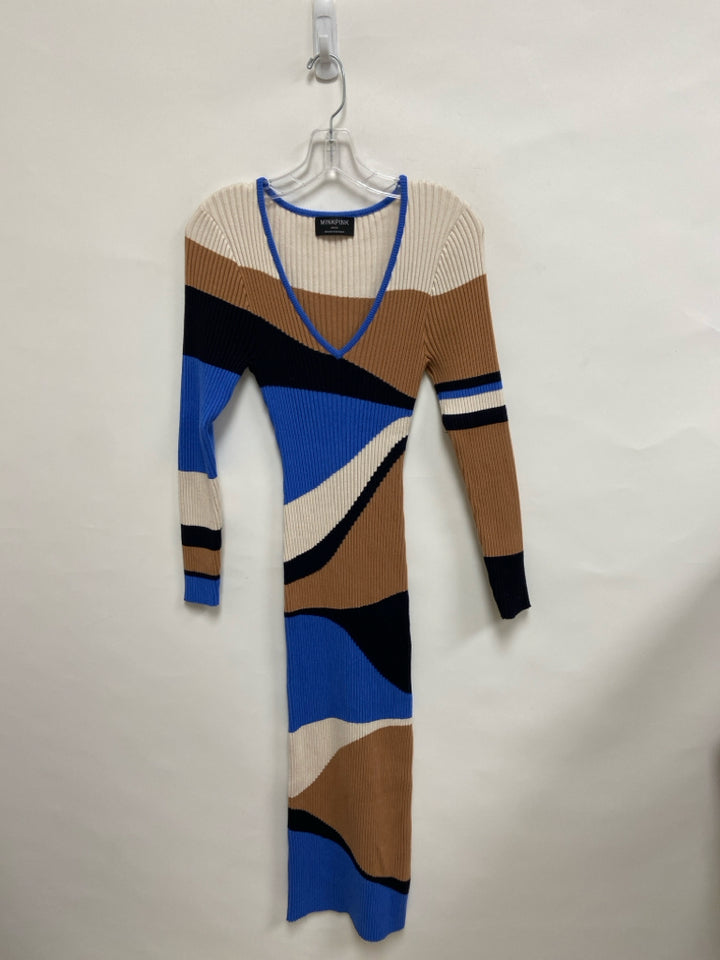 MINKPINK Size M Cream/Brown Blue/Black Ribbed Long Sleeve Knit Ladies Dress