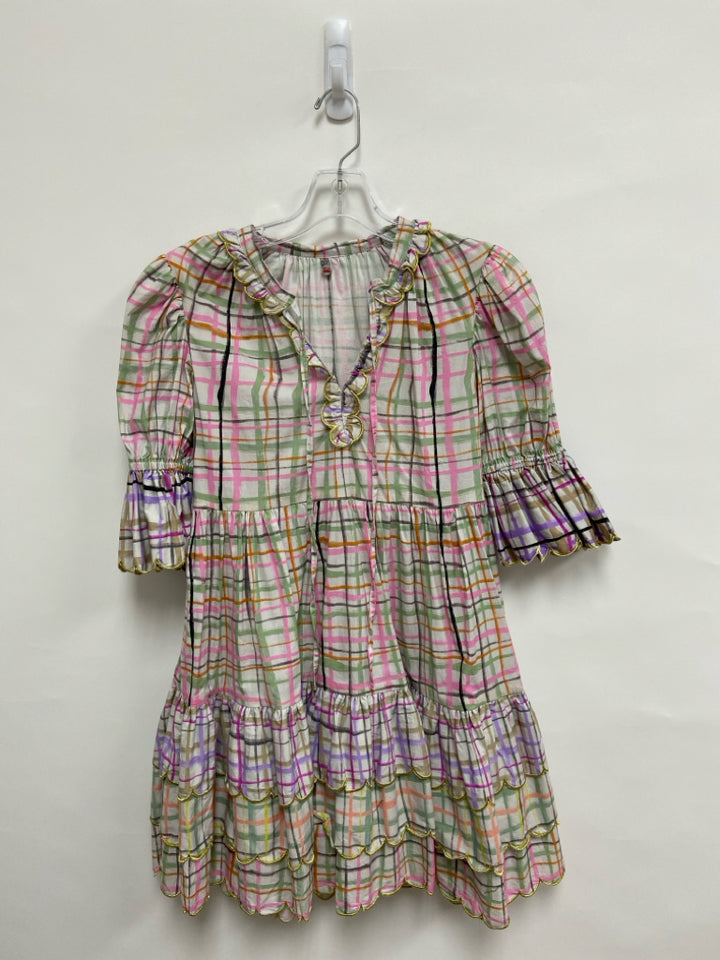 Size S White/Pink Green/Orange Plaid V Neck Ladies Dress