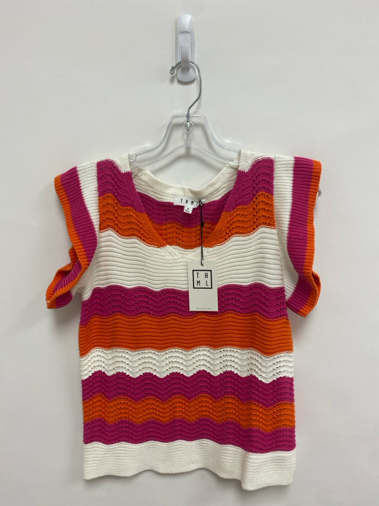 NWT THML Size S White/Orange Hot Pink Texture Sleeveless Ladies Sweater