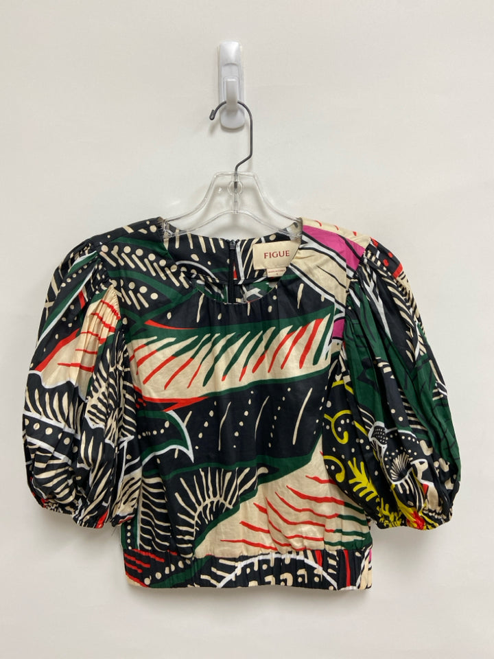 FIGUE Size 4 Cream/Black Green/Multi Abstract Puff Sleeve Ladies Top