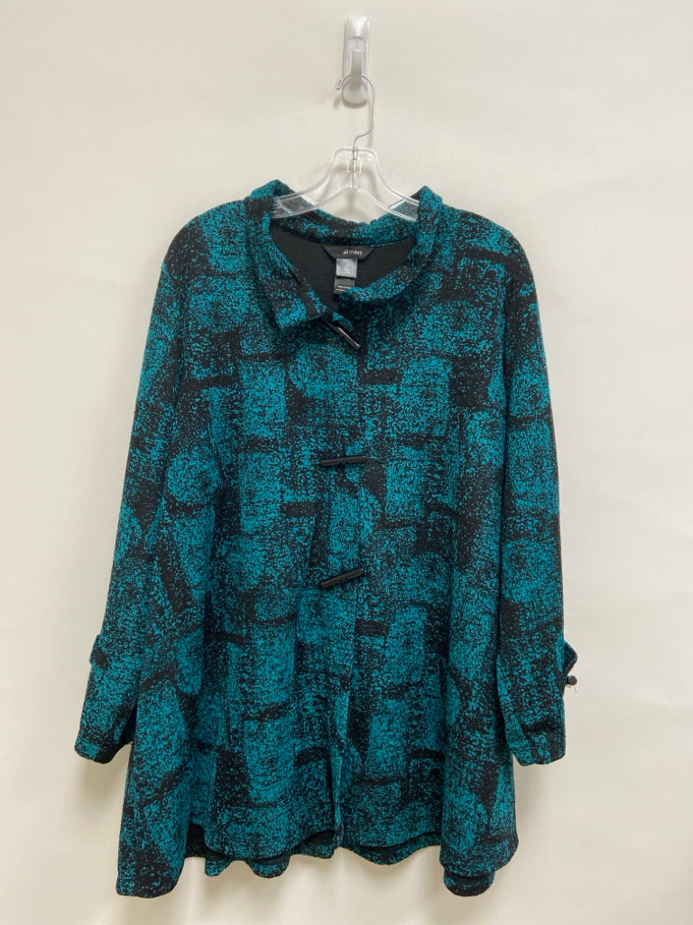 Ali Miles Size 2X Teal Blue Black Button Up Plus Size Top
