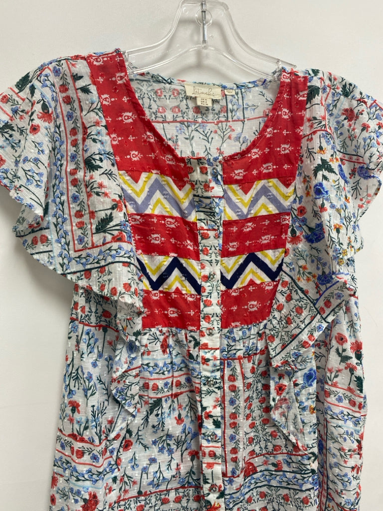 Size 2 White Blue/Red Assorted Print Swiss Dot Ladies Top