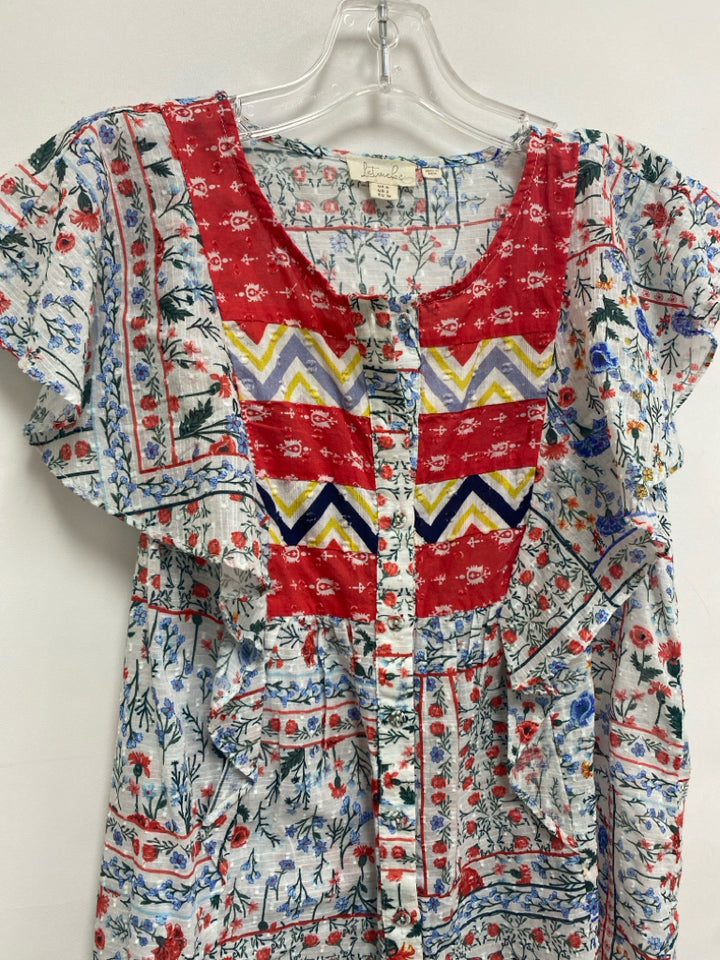 Size 2 White Blue/Red Assorted Print Swiss Dot Ladies Top