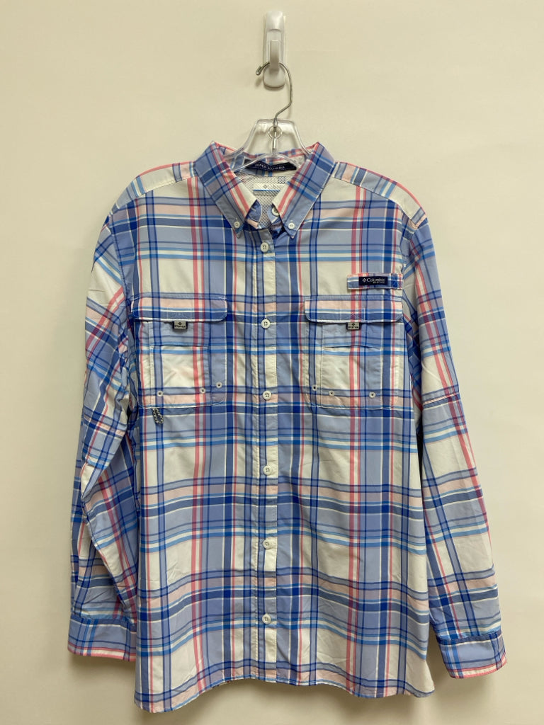 Columbia Size XL White/Blue Pink Plaid Button Up Ladies Top