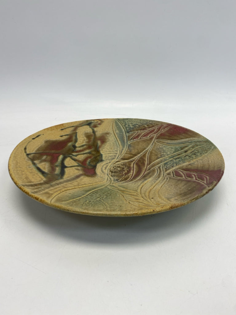Tan Burgundy/Blue Abstract Ceramic Decorative Plate