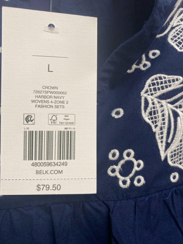 NWT Crown &amp; Ivy Size L Navy White Embroidered Short Sleeve Ladies Top