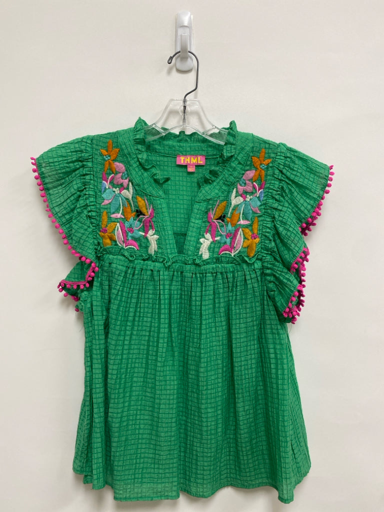 THML Size M Green Multi Color Texture Embroidered Ladies Top