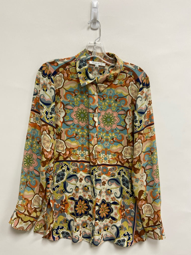 Rose + Olive Size L Cream/Blue Orange/Multi Floral Long Sleeve Ladies Top