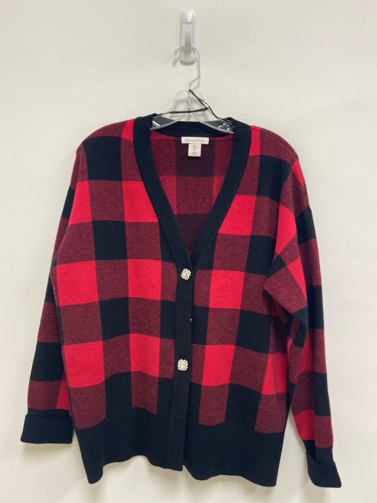 Tommy Bahama Size L Red/Black Checkered Cardigan Ladies Sweater