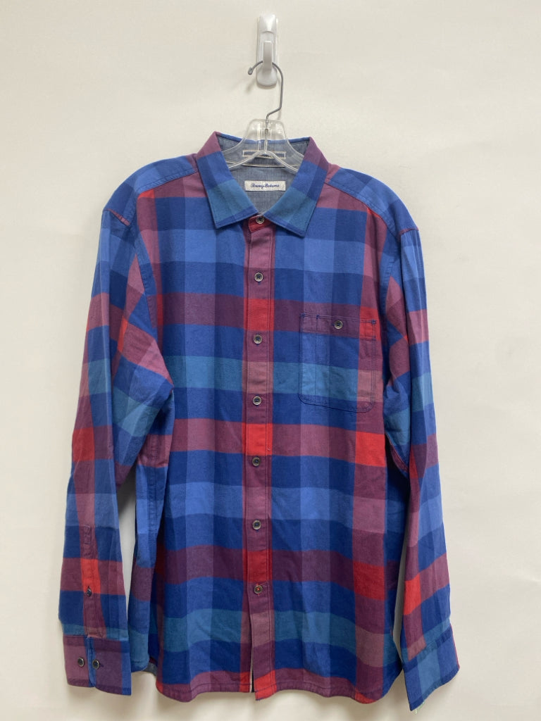 Tommy Bahama Size L Blue Purple/Red Checkered Button Up Men&