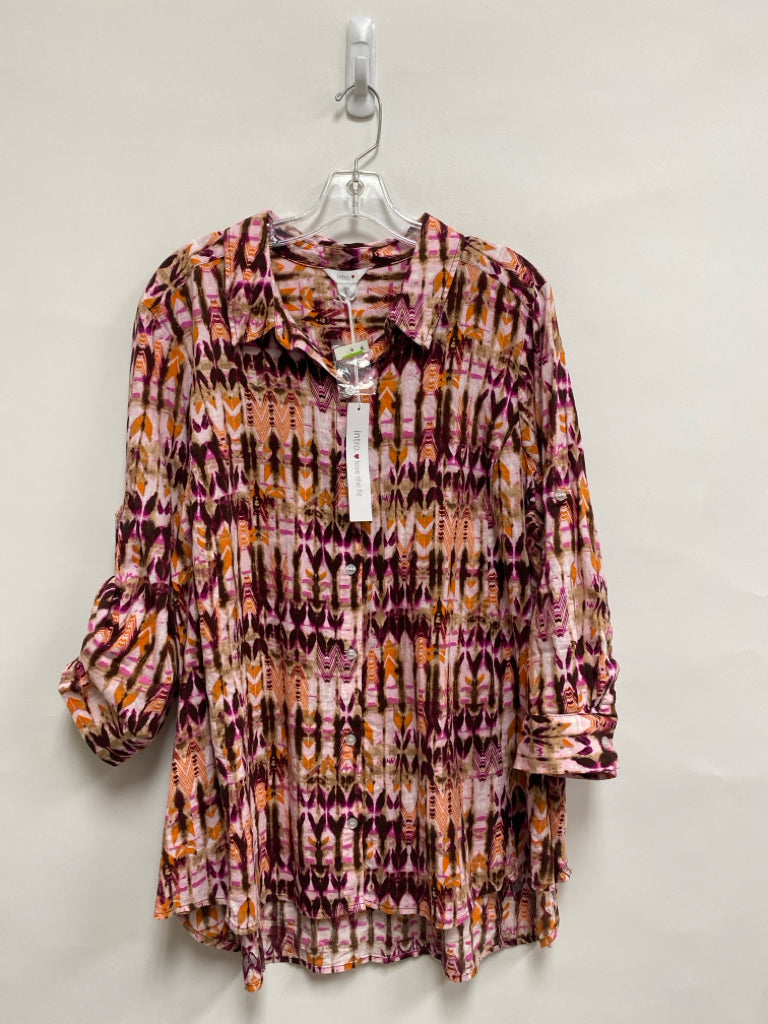 NWT intro. Size 2X Pink Orange/Brown Print Button Up Plus Size Top