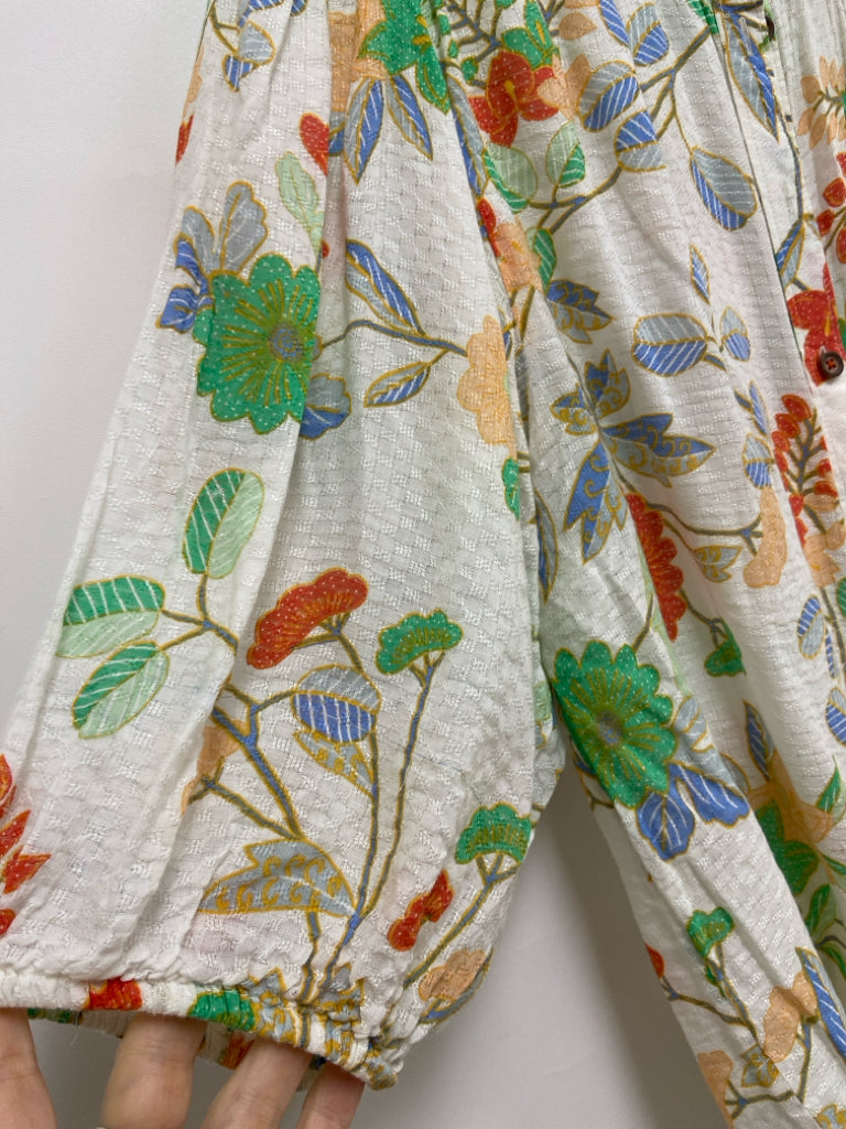 Maeve Size 6 Cream/Blue Aqua/Orange Floral Puff Sleeve Ladies Top