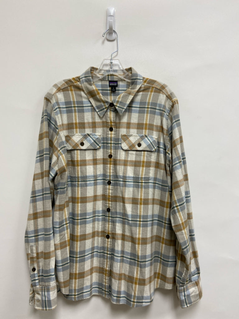 Patagonia Size XL Pale Gray Tan/blue Plaid Flannel Ladies Top