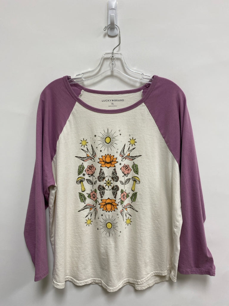 Lucky Brand Size XL Purple White/Black Flowers Ladies Top