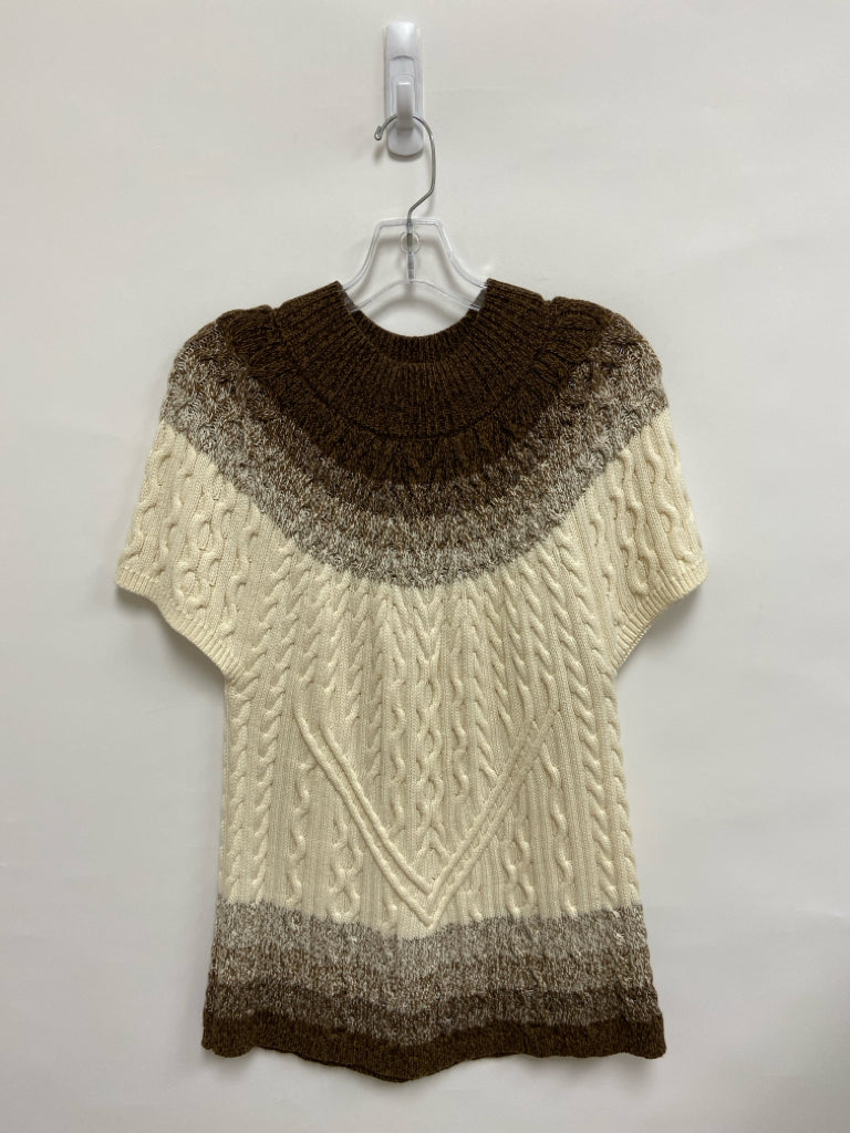Tyler Boe Size L Cream/Brown Cable Knit Short Sleeve Ladies Sweater