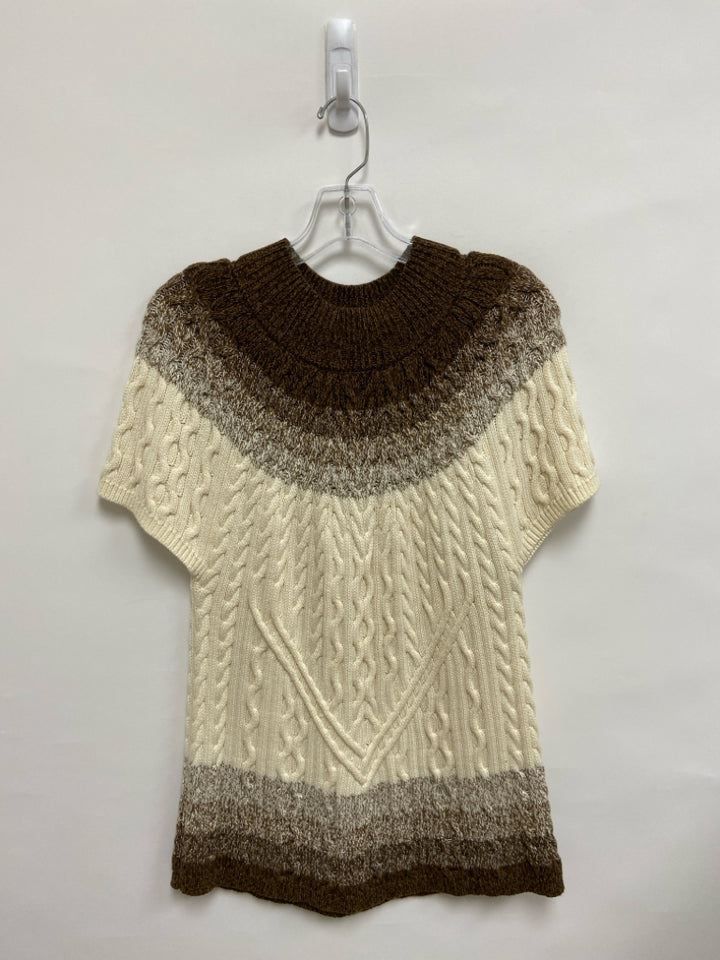 Tyler Boe Size L Cream/Brown Cable Knit Short Sleeve Ladies Sweater