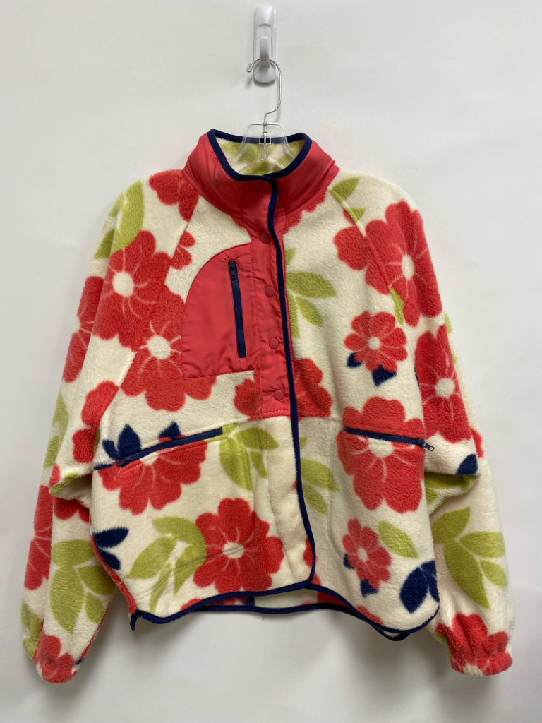 THREAD+SUPPLY Size L Coral/Cream Green Flowers Button Up Fleece Ladies Jacket