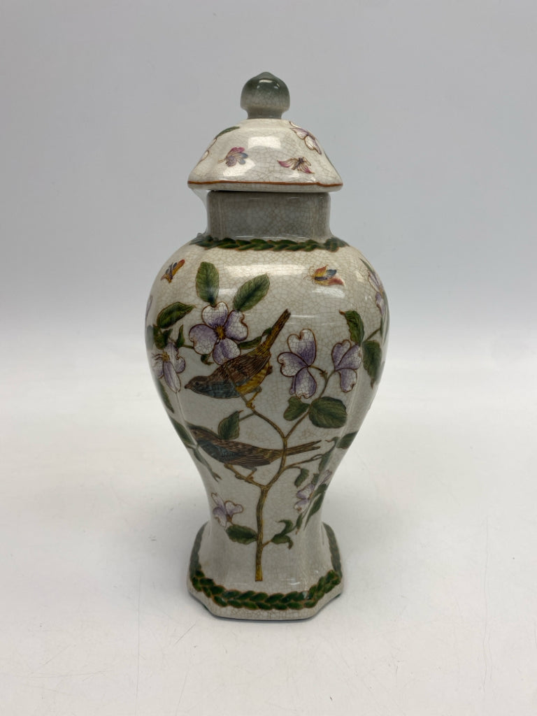 Beige Green/Multi Birds/Flowers Ceramic Jar