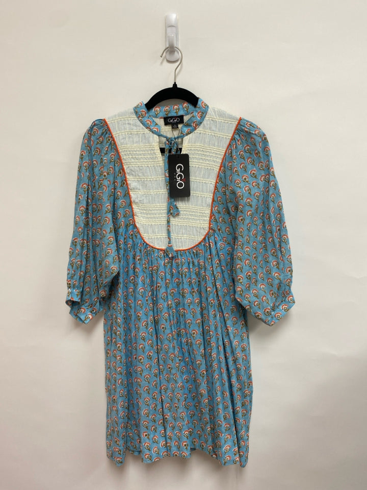 NWT GiGiO Size S Blue/Cream Coral/Brown Flowers Puff Sleeve Ladies Dress