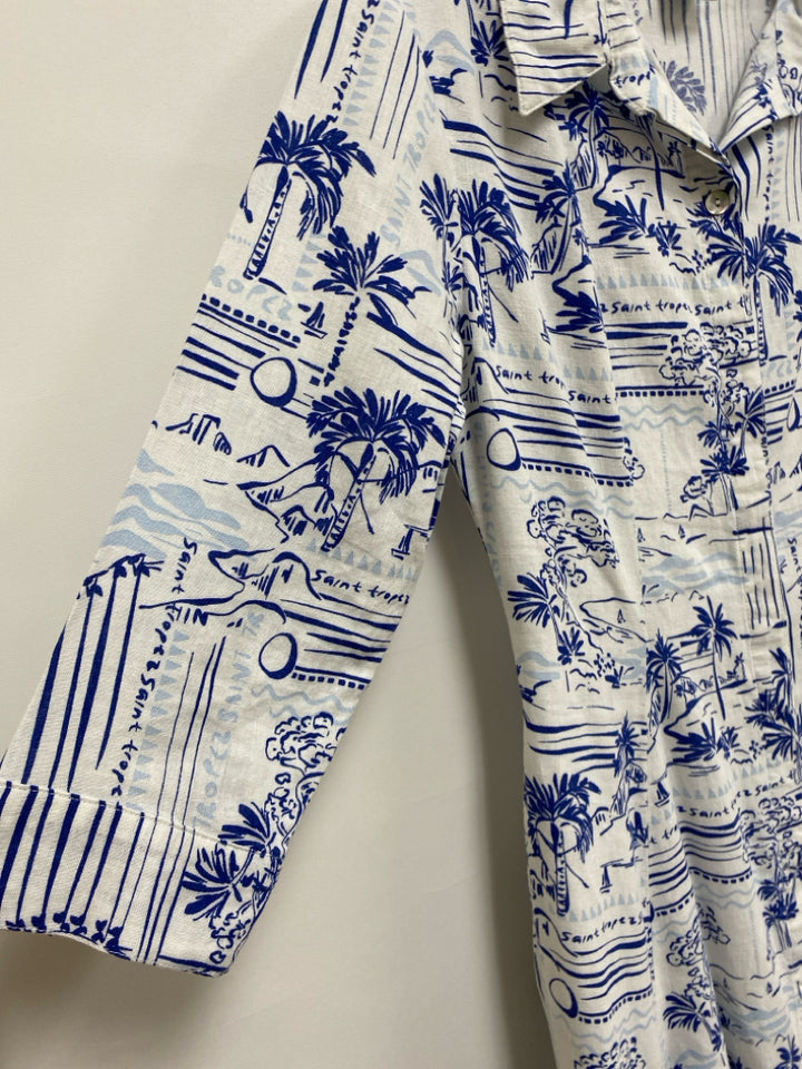Size XS White Navy/Blue Tropical Button Up Linen Blend Ladies Dress