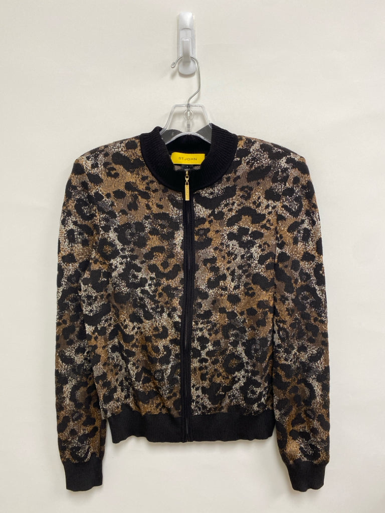 ST. JOHN Size S Brown Tan/White Animal Print Zip Down Ladies Sweater