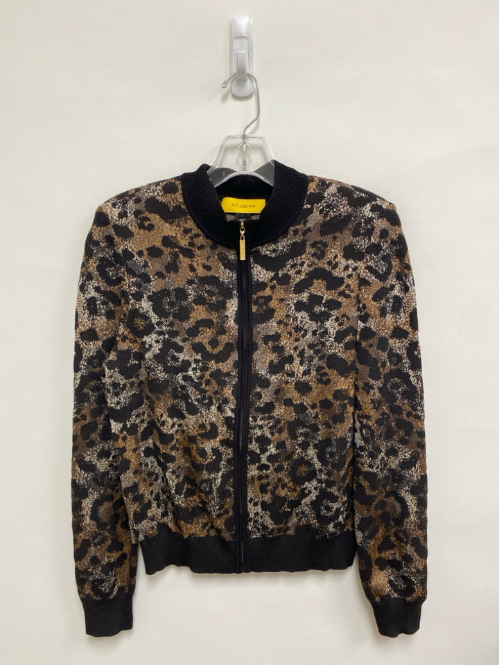 ST. JOHN Size S Brown Tan/White Animal Print Zip Down Ladies Sweater