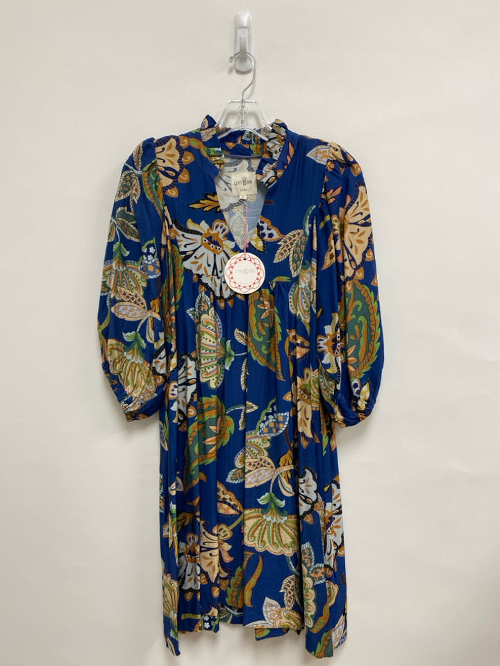 NWT Umgee Size M Blue/Tan Green/Yellow Acanthus Puff Sleeve Ladies Dress